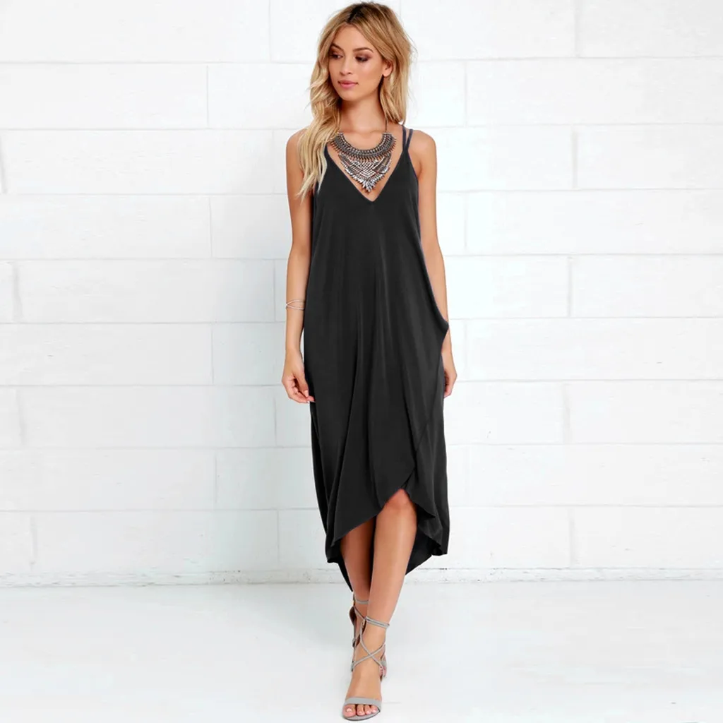 

2019 Fashion Summer Boho Strappy Irregular Long Dress Womens Loose Sundress Sleeveless Casual Beach Party Dress Vestido de festa