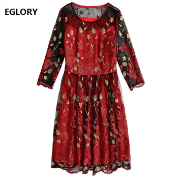 

European Style 2019 Spring Summer Formal Evening Lace Dress Women Golden Embroidery 3/4 Sleeve Slim Fitted Dress Wine Red Pink