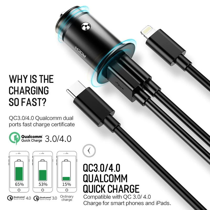 QC+ PD SCP VOOC Quick Charge ROCK 4 в 1 30 Вт автомобильное зарядное устройство металлическое мини быстрое двойное автомобильное usb-устройство для зарядки телефона для Qualcomm 4,0/3,0/2,0