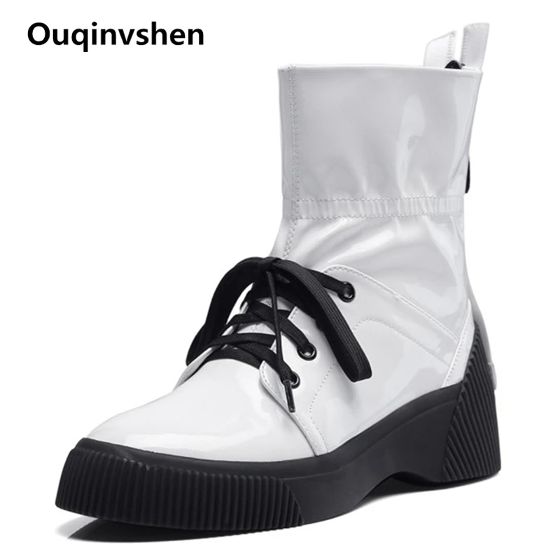 

Ouqinvshen Rubber White Lace Up Winter Boots Women 2018 Casual Booties Wedges Womens Boots Ankle Round Mixed Colors Martin Boots