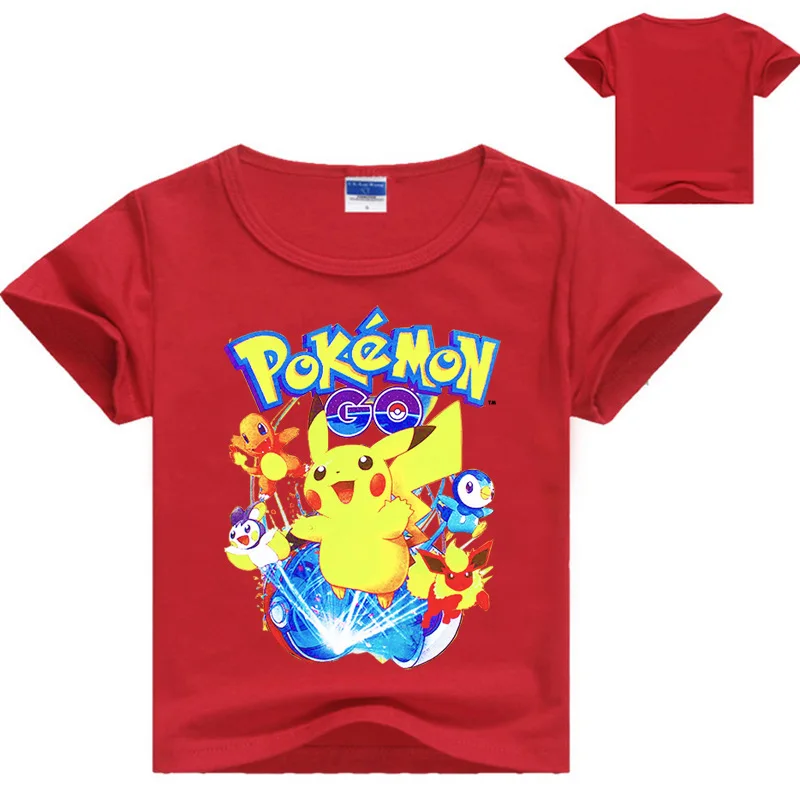Летние детские футболки с короткими рукавами детские хлопковые топы с принтом Покемон го для мальчиков и девочек, футболки с Пикачу одежда для маленьких мальчиков - Цвет: Red MS1075