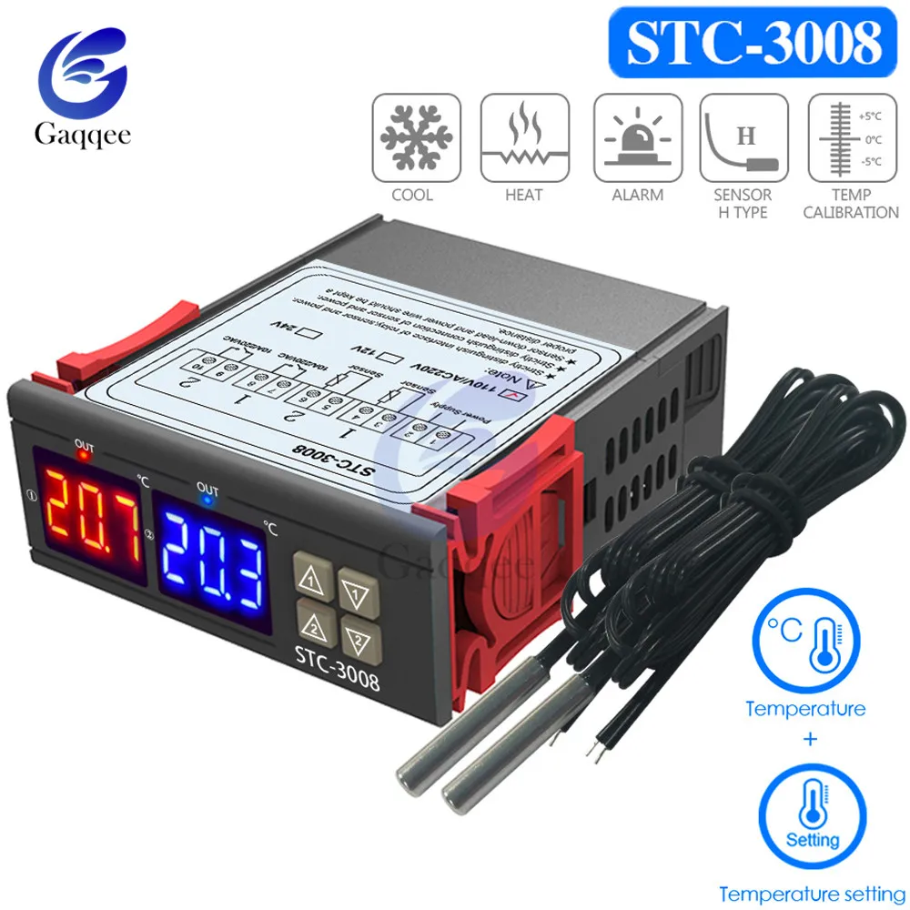 STC-3008 dvojí digitální teplota regulátor dva elektromagnetické relé výroba termostat s senzor DC12V 24V AC110-220V domácí chladnička hustý topení