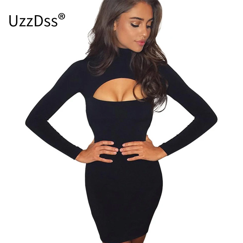 

UZZDSS Hollow Out Bodycon Bandage Dress Women Slim Long Sleeve Party Club Pencil Dress Autumn Winter Black Sexy Dress Vestidos