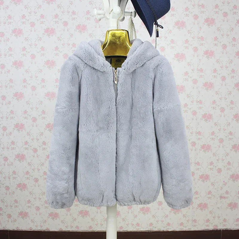 

Fashion Real fur jacket for women winter sports fur coat with hood natural rex rabbit fur pink gray beige color Casual C143