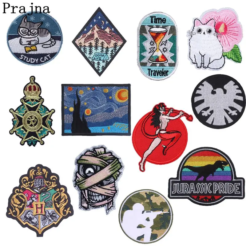 

Prajna Animal Cat Dinosaur Embroidered Patch Punk Style Patches Skull Sewing Fabric Sticker Iron On Patches For Biker Clothing