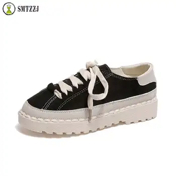 

SMTZZJ 2019 Women Sneakers Suede Luxury Brand Suede Flat Bottom Ladies White Black Shoes Shallow Female Shoes Girls Student