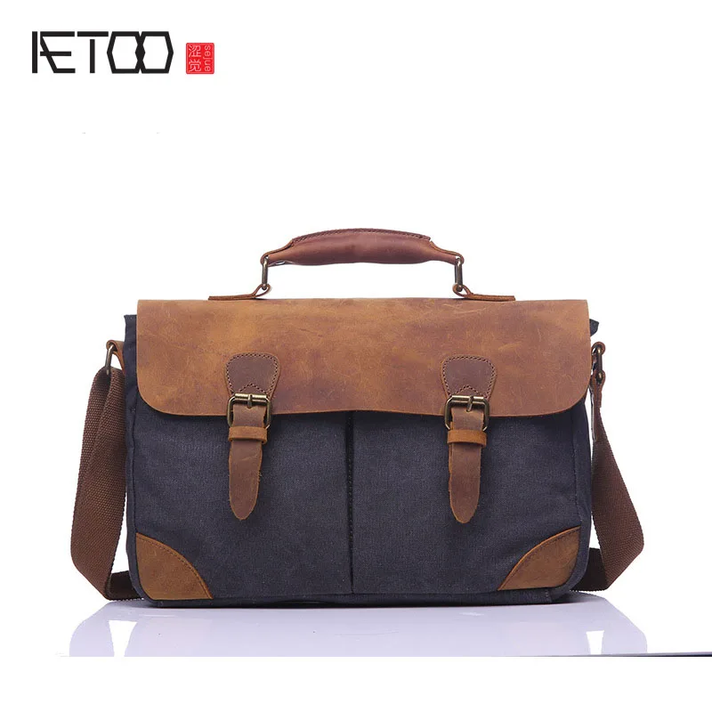 

AETOO Retro casual men's canvas bag with leather briefcase European and American retro portable shoulder messenger bag men