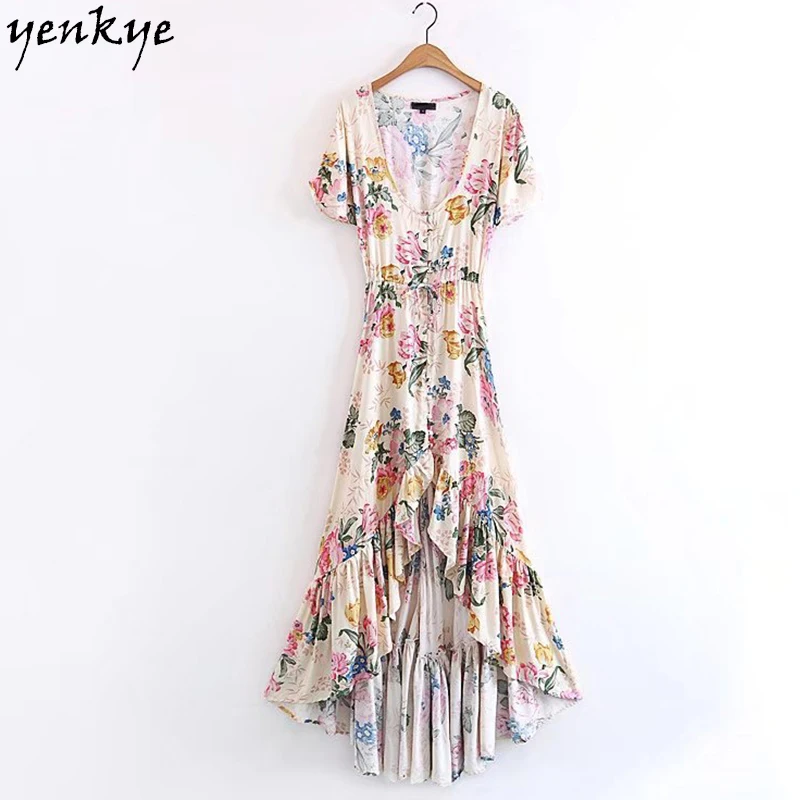 

Floral Printed Boho Summer Dress Women Sexy Deep U Neck Short Sleeve Single-Breasted Irregular Ruffles Long Dress Maxi