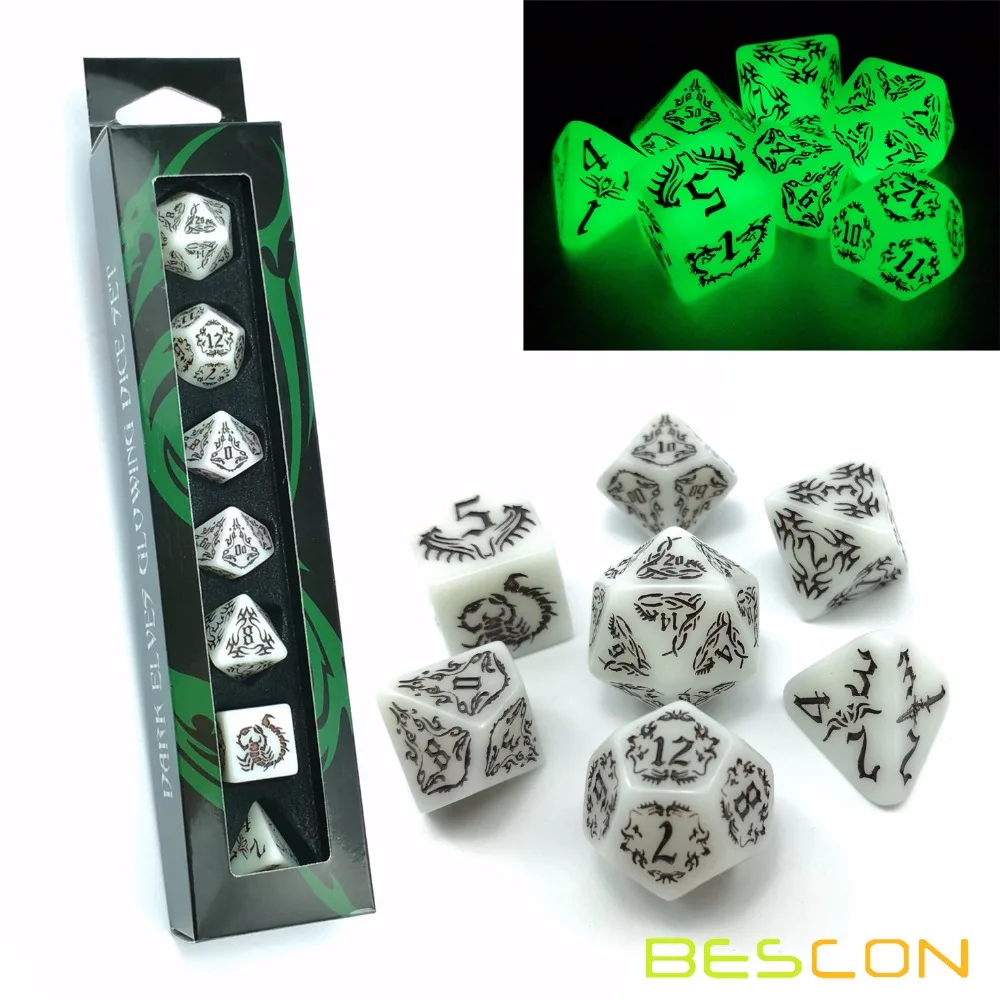 BESCON DARK ELVES Glowing Dice Set (7 piece), Oversized GLOW IN DARK Carved Role Playing Games RPG Dice Set 4