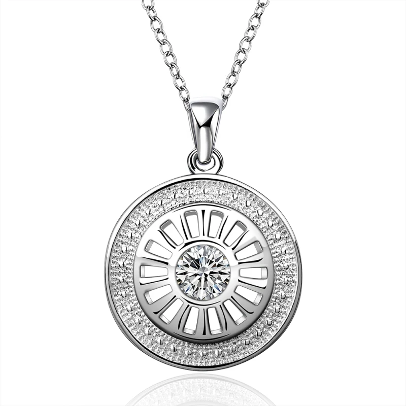 

Garilina Trendy White cubic zirconia necklace Round Silver pendant for women gift P2104