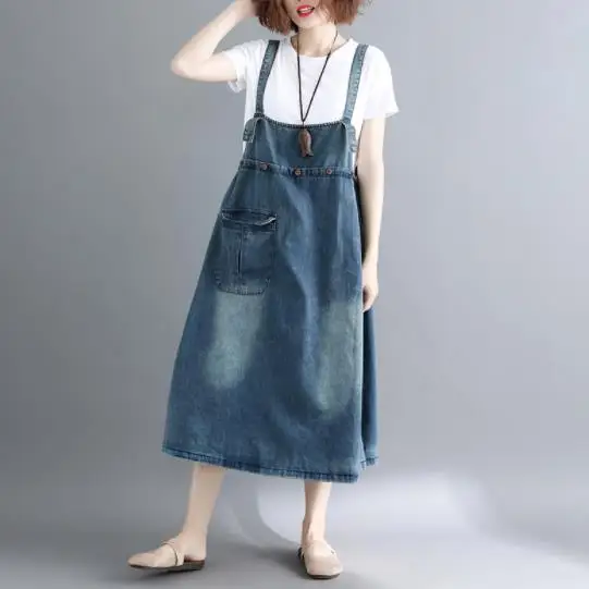 Front Pocket Denim Overall Dress 2019 Summer Straps Sleeveless Midi Long Sundress Women Plus Size Clothing Dresses AE467 |