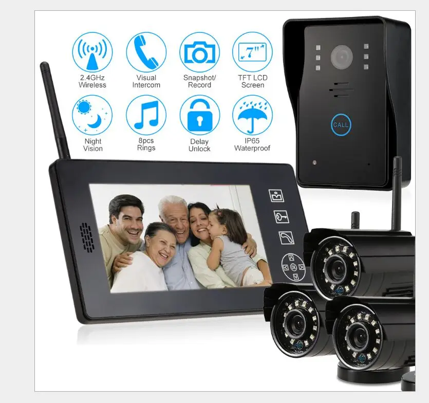 3ch 2.4G Wireless video door phone with 7inch TFT display for home