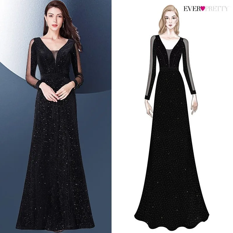 Evening Dresses 2019 Long Sleeve Ever Pretty V-neck Sparkle Elegant Little Mermaid Autumn Winter Long Formal Party Prom Gowns