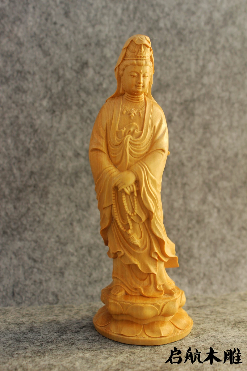 Chinese Boxwood Wood Carving Double-sided Guanyin Bodhisattva Buddha Statue 