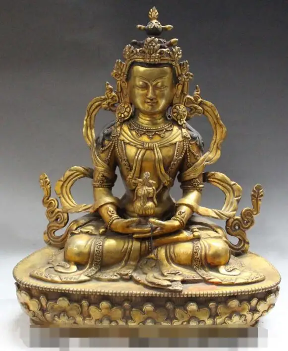 

S3095 12"Tibet Buddhis Lhasa Fane Bronze 24K Gold Amitayus longevity God Buddha Statue