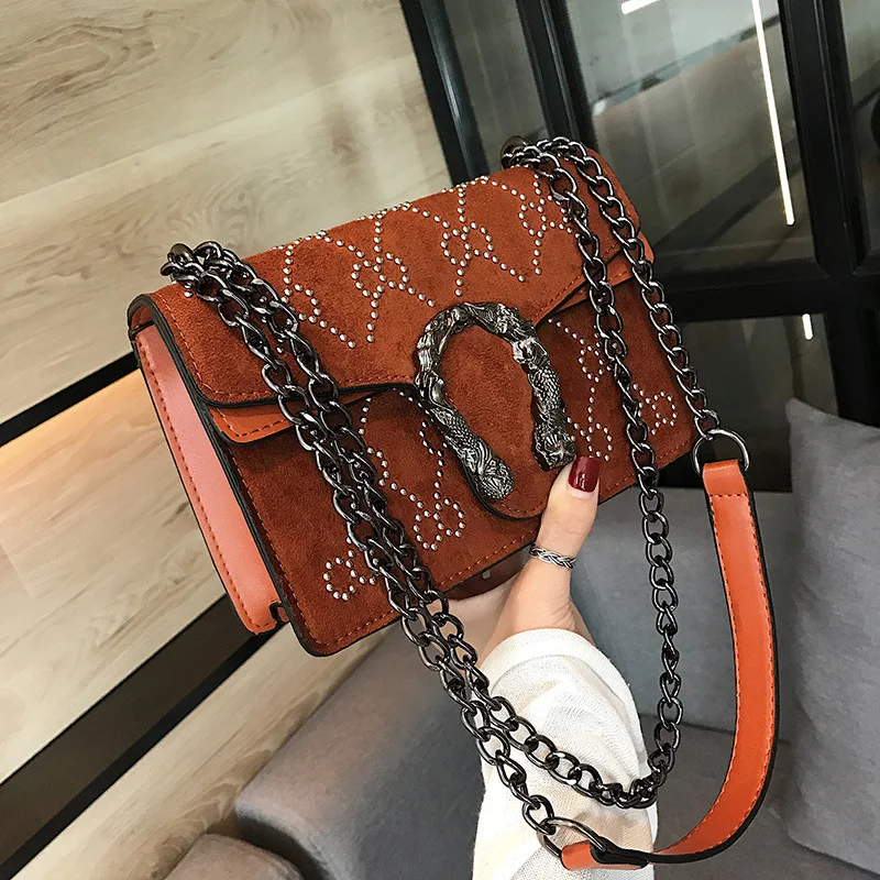 

Simple Female Big Square bag Retro Fashion Handbag 2018 personalized rivet casual crossbody bag Chain Shoulder Messenger bags