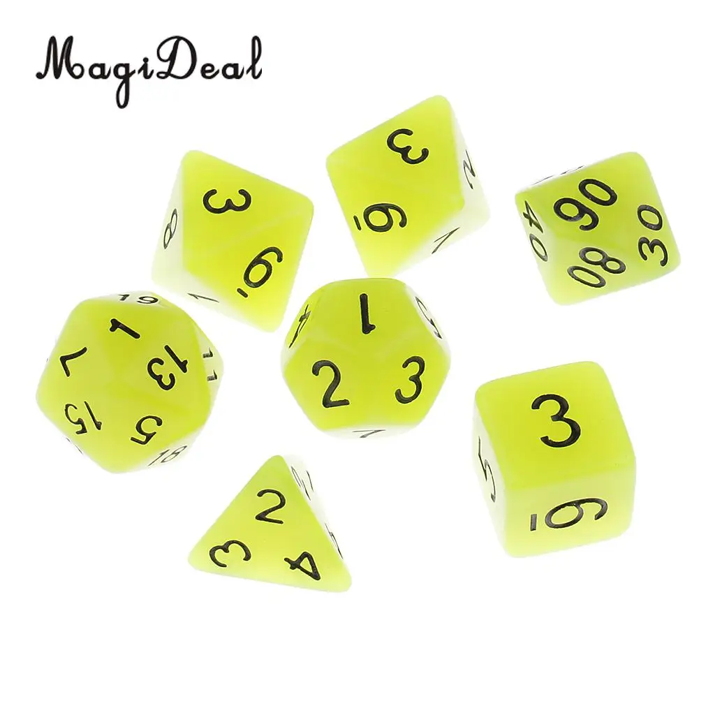 MagiDeal Top Quality 7Pcs Multi-Sided Dice Glow in the Dark for D&D MTG Party Bar Card Table Game Accessory Yellow/Green Gifts