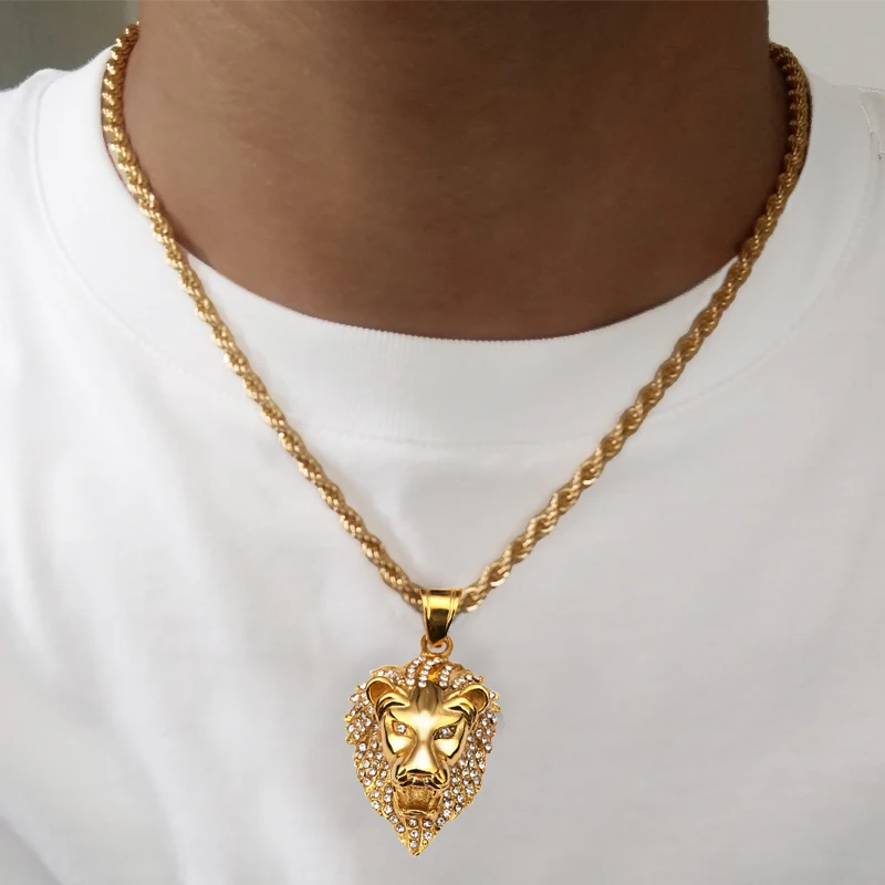 Karopel, мужские хип-хоп ювелирные изделия, со льдом, CZ, блестящий кулон в виде головы льва, мужское ожерелье, золотое наполнение, для мужчин и женщин, подарок