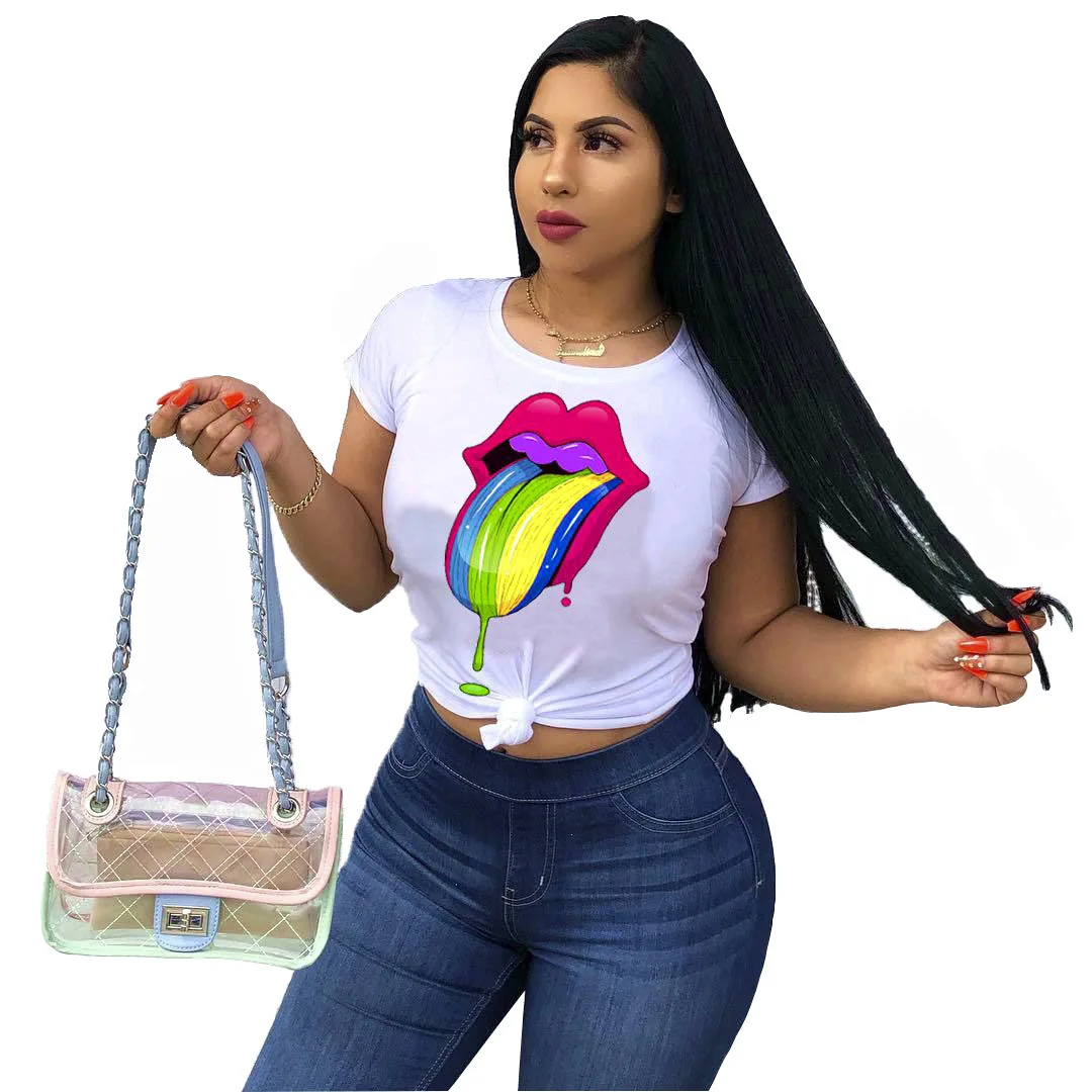 

2019 women summer o-neck short-sleeved sexy tougue print casual t-shirt tee top active wear t-shirts outfit 2 color LM8053