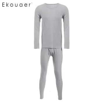 

Ekouaer Mens Casual Pajamas Set O-Neck Long Sleeve Thermal Underwear Tops and Bottom Set Nightwear Suit Male Home Clothing