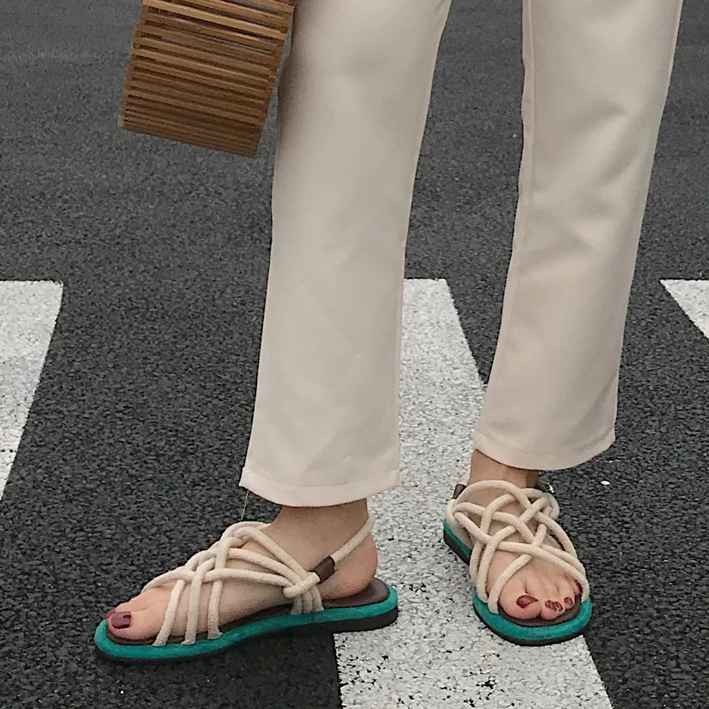

Hemp Straw Roap Flat Sandals Women's Open Toe Cross Tied Back Strap Summer Casual Beach Fashion Shoes Leisure Style Harajuku