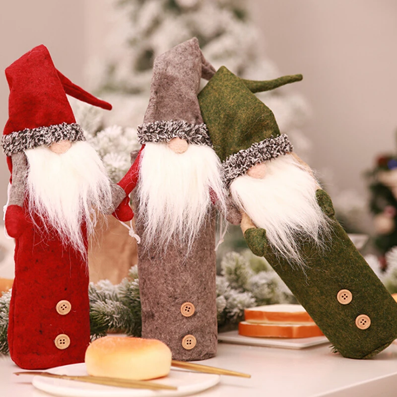 

1 Set Clothes Red Wine Bottle Covers With Hats Santa Dinner Table Decoration For Home Santa Claus Gnome Christmas Decoration