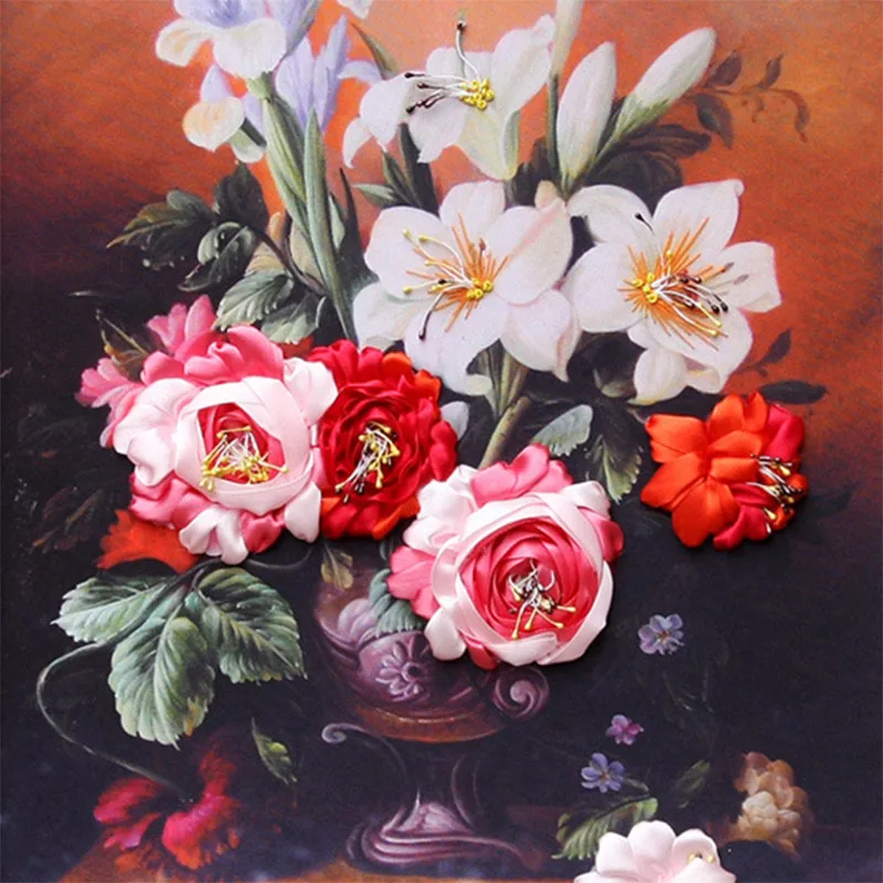 

lily rose flowers vase hot needlework 3d cross stitch kit Unfinished Ribbon embroidery painting fashion Home decor