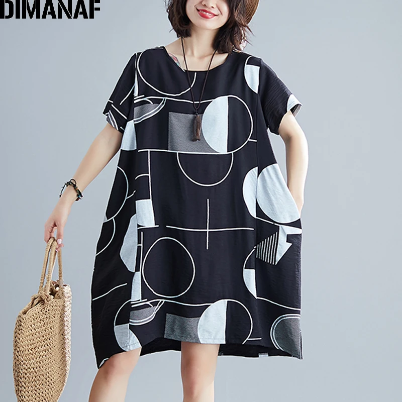 

DIMANAF Plus Size Women T-Shirts Lady Tops Tees Big Size Cotton Female Clothing Print Geometric Loose Casual Shirt Dress Summer