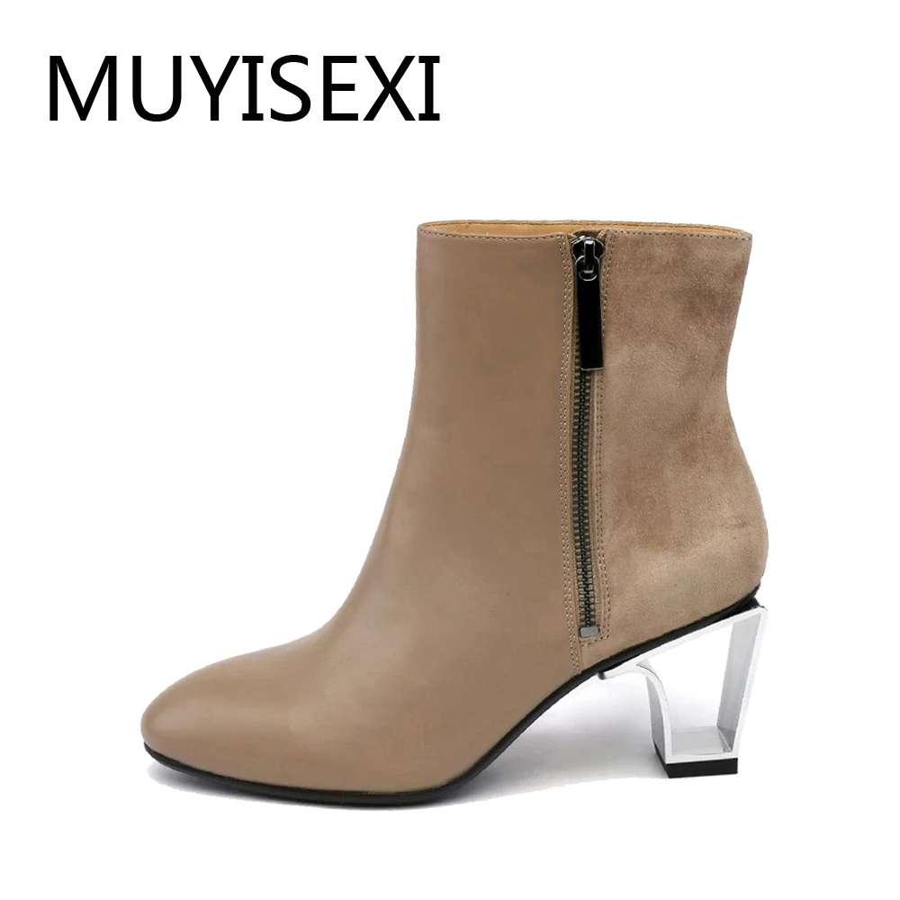 Boots Women Full Genuine Leather Autumn Boots For Women Zip Hollow Out Metal Heels Ankle Boots Khaki Black X006 MUYISEXI