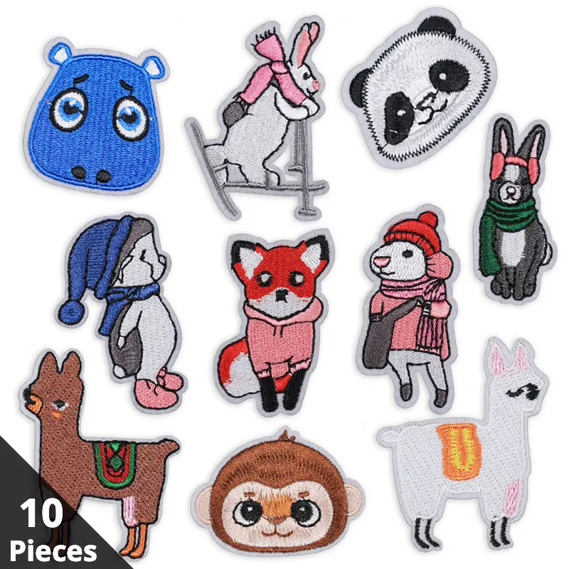 

10 Pieces Embroidery Iron on Patches for Clothing Cartoon Patch Clothes Applique Stickers Badges Ironing Fox Sheep Panda Monkey
