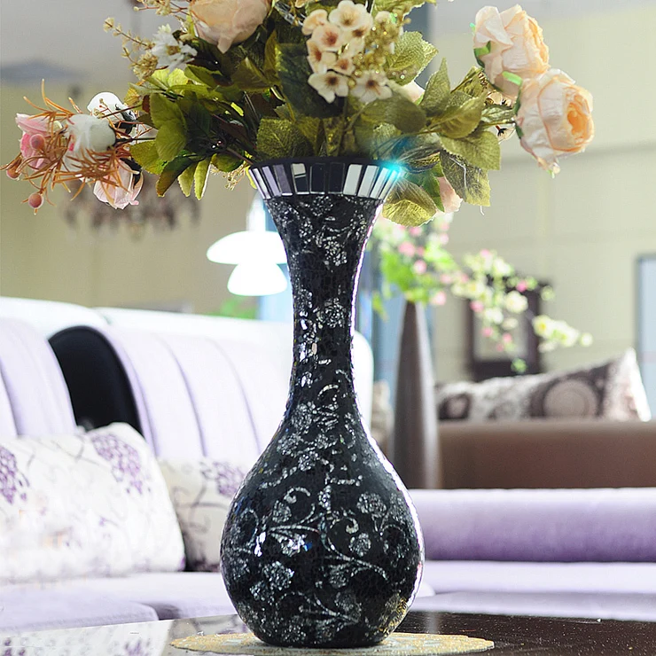 Classic Black Rose Mosaic Broken Glass Vase Fashion Countertop