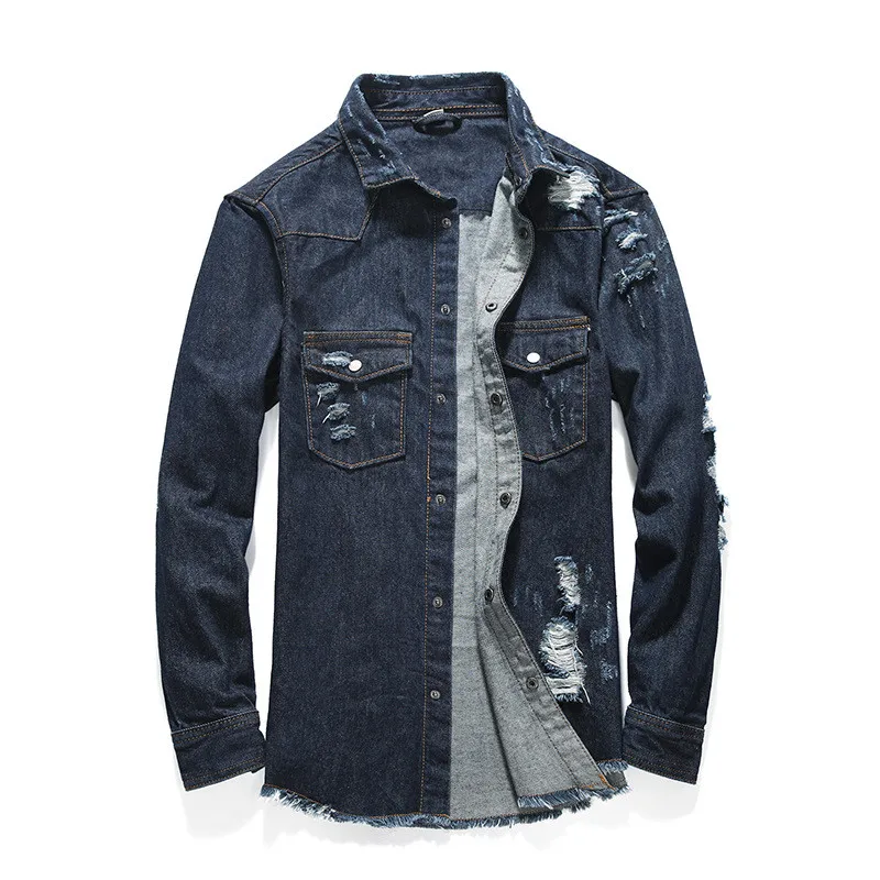 MORUANCLE New Fashion Mens Hi Street Ripped Denim Shirts Streetwear Distressed Denim Shirt Tops 