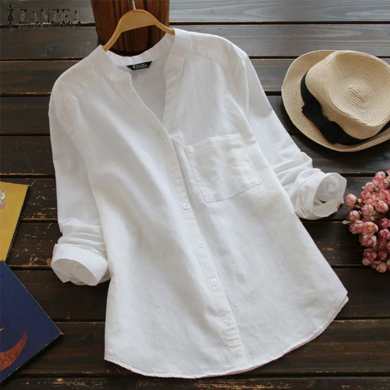 

2019 Autumn ZANZEA White Blouse Women Elegant V Neck Long Sleeve Casual Loose Buttons Work Office Shirt Cotton Linen Top Blusas