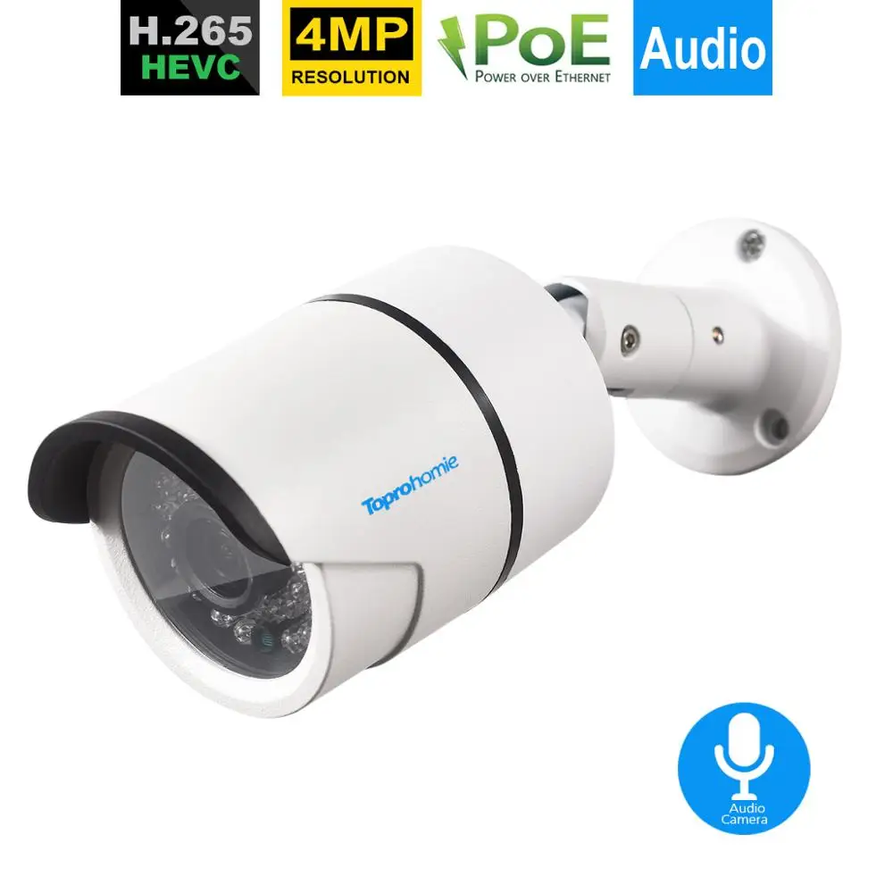 TOPROHOMIE H.265 4.0MP охранная CCTV POE ip-камера аудио запись звука внутри и на открытом воздухе P2P Onvif Наблюдения Пуля ip-камера 48 В