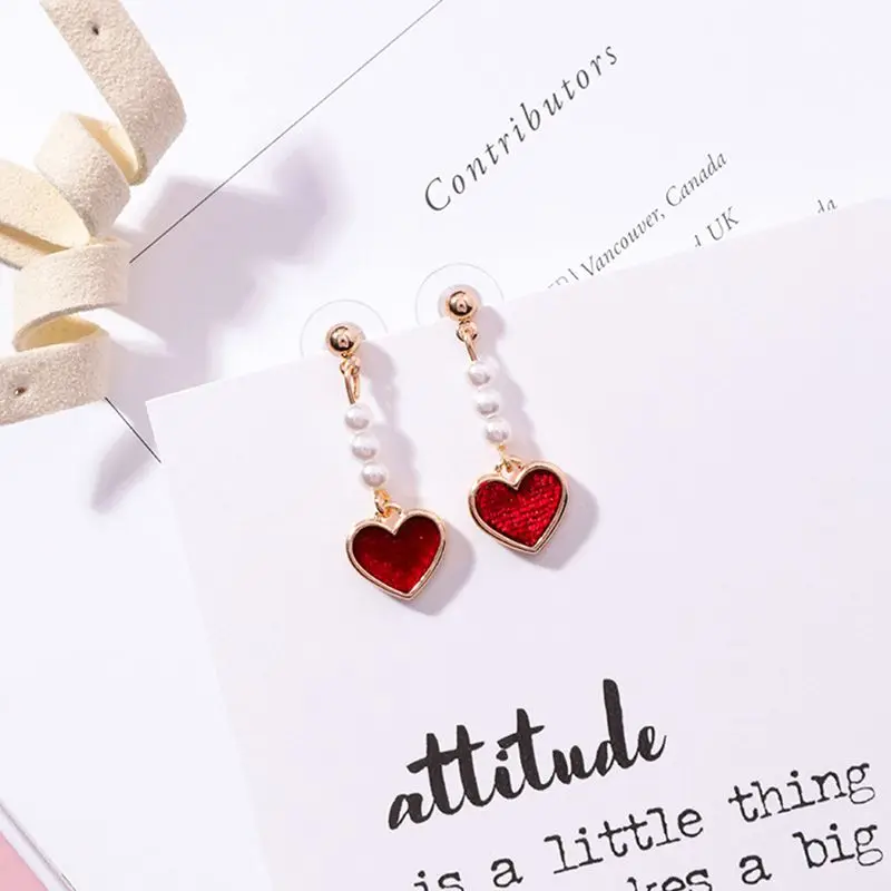 

Sweet Girl Lattice Fabric Pearl Love Earrings Fashion Heart Cute Small Unique Design Engagement Ear Jewelry Accessories Romantic
