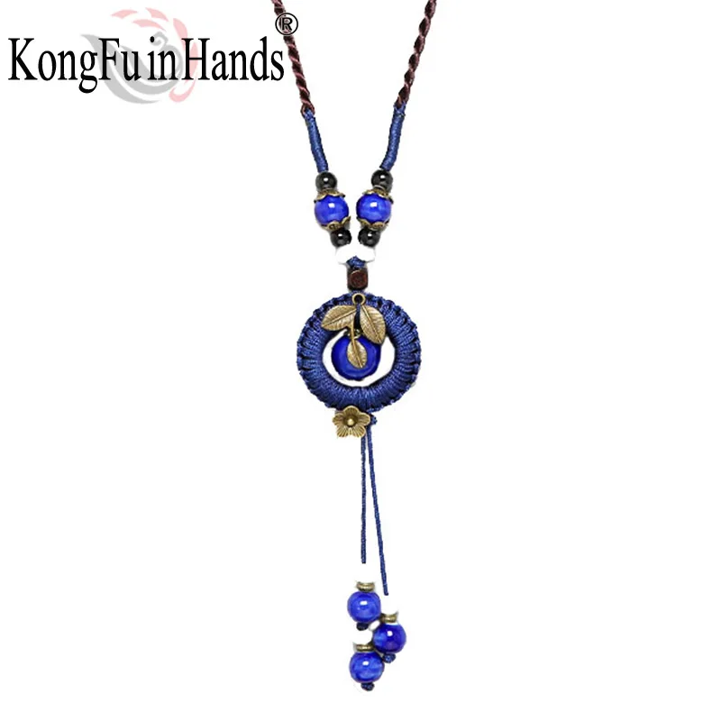 

New Bohemia Style Jewelry Antique blue Color Ceramics Beads Ethnic Tassels Long Necklace For Women Statement Jewelry