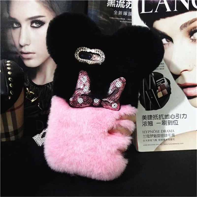 

For Xiaomi Redmi5 6 4X 4A 5A 6A Note4 5 6 7 Pro Note4X 5A Luxury Top Rabbit Fur Panda Bear Ear Tail Fur Ball Plush Furry Case