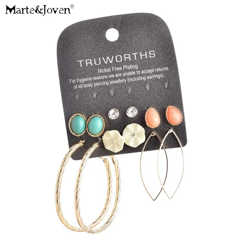 

Marte&Joven 6 Pairs/set Golden Geometric Earring Sets for Women Fashion Teardrop-shaped Studs Set and Large Oval Metal Earrings