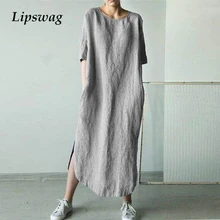 Lipswag 5XL повседневное хлопковое льняное платье с круглым вырезом для женщин Летнее Длинное Платье С Коротким Рукавом Элегантного размера плюс платье-Кафтан Vestidos