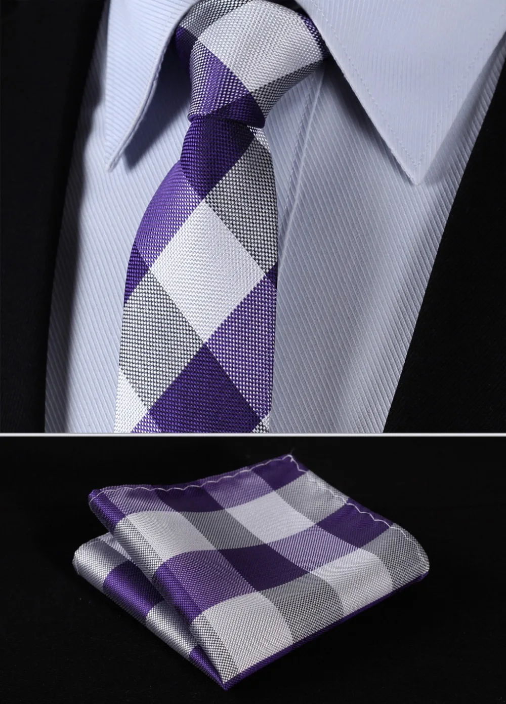 TC4029P7 Purple White Check 2.75" 100Silk Jacquard Slim Skinny Narrow