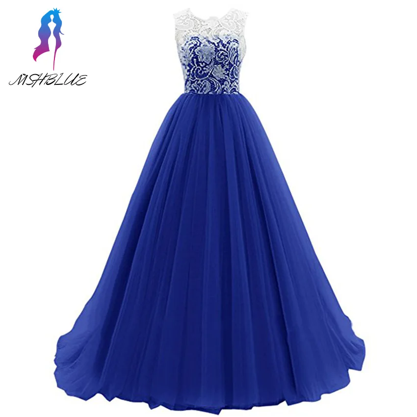 

Royal Blue Prom Dresses Long Evening Gown Lace Tulle Zipper Back Buttons Floor Length Formal Women Dress Real Photos