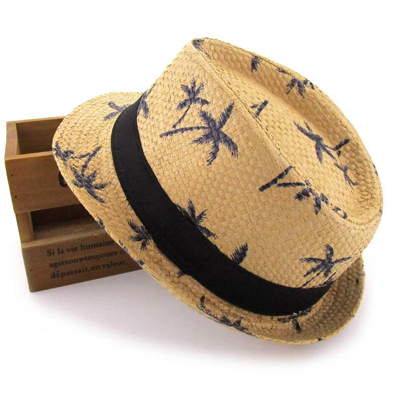 Fashion Unisex Coconut Tree Jazz Straw Hat Kids Trilby panama Hats Women Men Casual Beach Bucket Cap Summer Sunscreen Cap CP0263 (3)