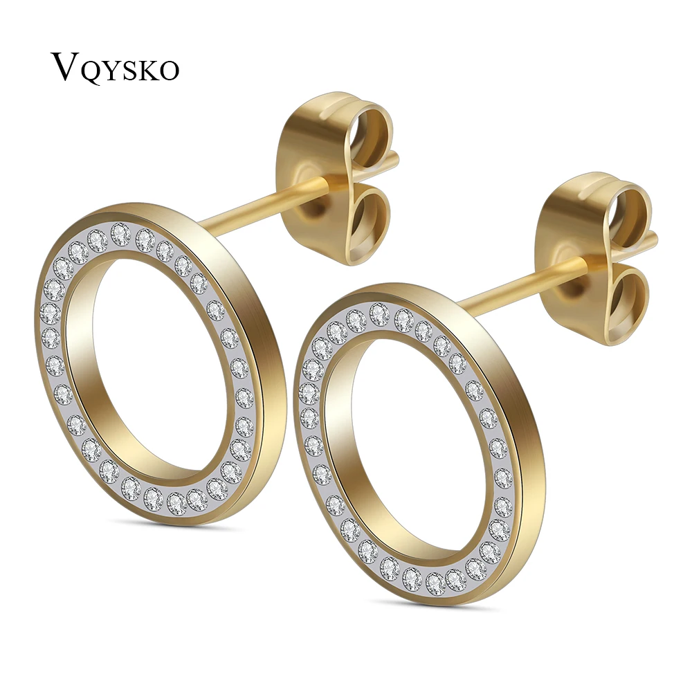 

Two Colors 316L Stainless Steel Round Pave Crystal Stud Earrings For Women Bijoux Jewelry Fashion