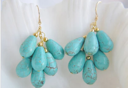 

free shippinbg 13378 blue drip green turquoise bead grape dangle earring 14k