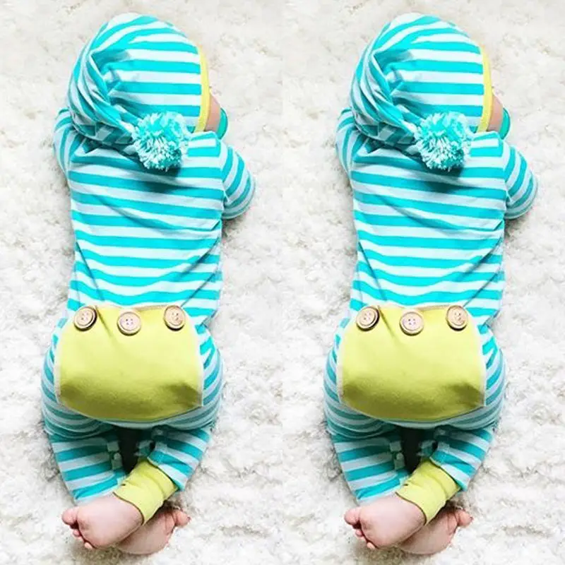 

Newborn Infant Baby Boy Girl Clothing Cute Hooded Clothes Romper Long Sleeve Striped Jumpsuit Baby Boys Outfit