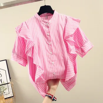 

Spring Summer Short Sleeve Blouse Women New Korean Version Stripe Lotus Edge Stitching Short-sleeved Shirt Blouses Lady Tops