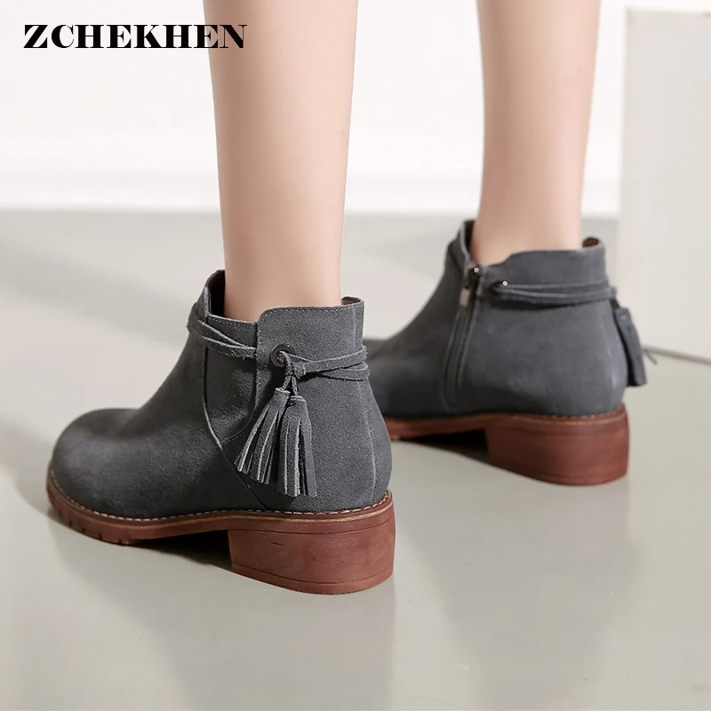 

2018 Spring Autumn Women fringe suede leather Chelsea Boots Slip-On Med High Heels round Toe Shoes Woman