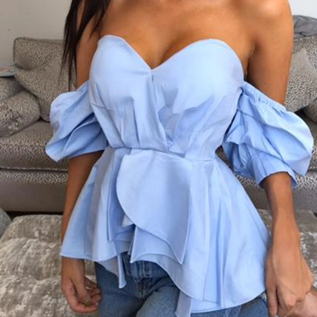 

New Women Summer Sexy Fashion Slash Neck Shoulder off Backless Strapless Puff Sleeves Blouse Top