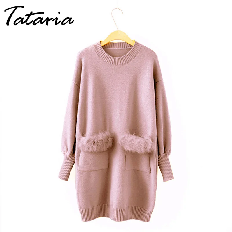 Длинное трикотажное платье свитер из искусственного меха Tataria Элегантное для