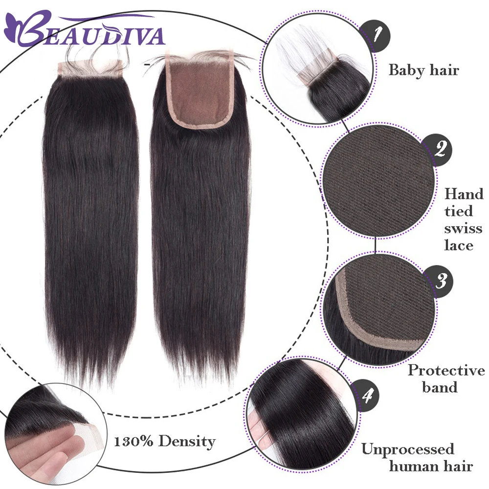 BEAUDIVA Peruvian Straight Hair Bundles With 4*4 Lace Closure Straight Hair bundles with closure Human Hair Bundles With Closure